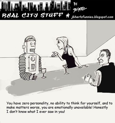 Cartoon: robo-relationship (medium) by optimystical tagged robots,break,ups,complaints,demands,bar