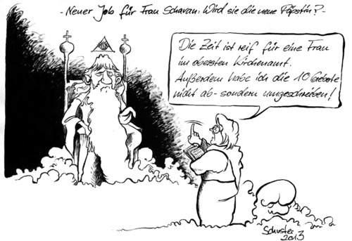 Cartoon: Neuer Job für Frau Schavan? (medium) by Mario Schuster tagged karikatur,cartoon,mario,schuster,schavan,papst,gott,politik