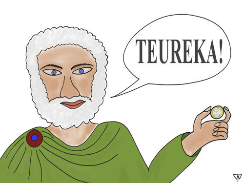 Cartoon: Archimedes findet den Euro (medium) by thalasso tagged euro,heureka,archimedes,finanzkrise,preise,preisstabilität,währung