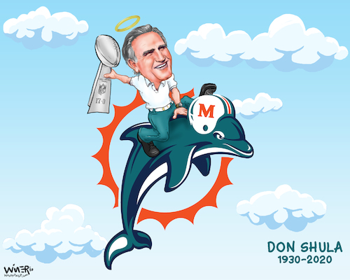 Cartoon: A Dolphin into the Great Beyond (medium) by karlwimer tagged nfl,dolphins,wimer,american,football,don,shula,memorial,memoriam,coach,hall,of,fame