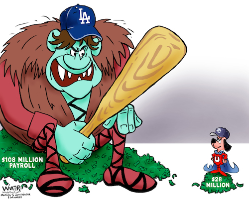 Cartoon: Baseball Underdog (medium) by karlwimer tagged underdog,baseball,united,states,mlb,los,angeles,dodgers,tampa,bay,rays,world,series,sports,championships