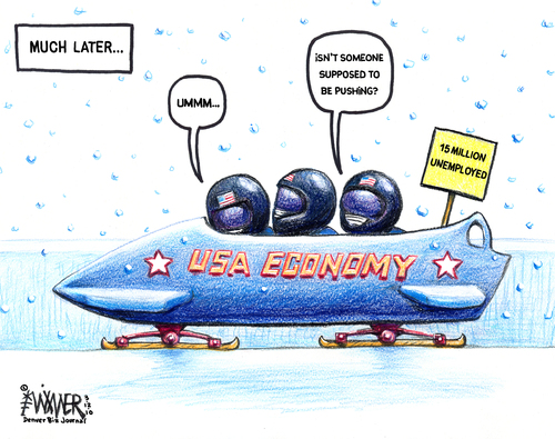 Cartoon: Bobsled no Brakeman (medium) by karlwimer tagged olympics,economy,economics,business,bobsled,brakeman,unemployent,usa