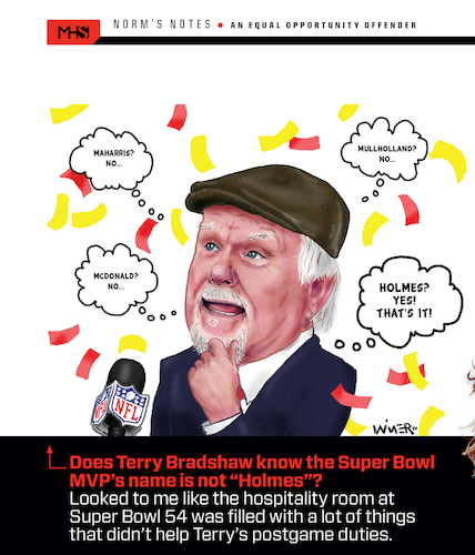 Cartoon: Bradshaw Superbowl Confusion (medium) by karlwimer tagged terry,bradshaw,american,football,nfl,superbowl,announcer,patrick,mahomes