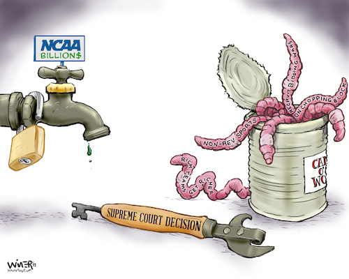 Cartoon: Can o Worms College Sports (medium) by karlwimer tagged ncaa,college,sports,money,cartoon,payments,supreme,court,can,of,worms