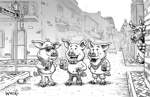 Cartoon: Caption Contest Mardi Gras Pigs (medium) by karlwimer tagged three,little,pigs,mardi,gras,new,orleans,party,bourbon,street,fun