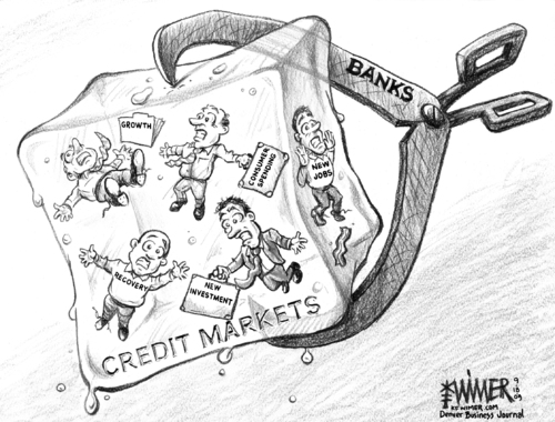 Cartoon: Credit Market Freeze (medium) by karlwimer tagged credit,markets,economy,business,recovery,investment,growth,jobs,employment,indicator,ice,frozen