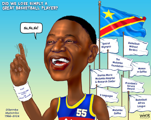 Cartoon: Dikembe Mutombo Memorial (medium) by karlwimer tagged basketball,nba,dikembe,mutombo,denver,nuggets,congo,memorial,special,olympics