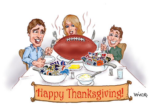 Cartoon: Happy Football Thanksgiving (medium) by karlwimer tagged american,football,sports,thanksgiving,usa,meal,feast,college,pro,nfl