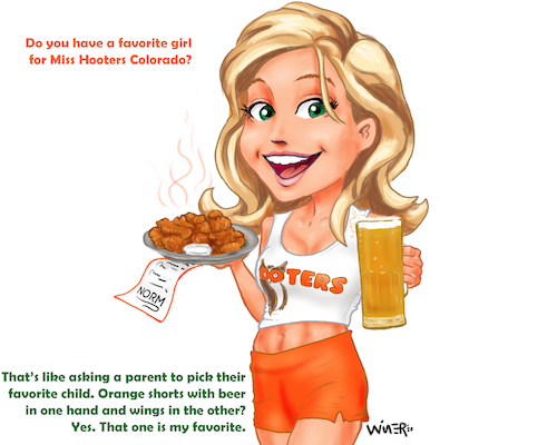 Cartoon: Hooters Girl Contest Toon (medium) by karlwimer tagged restaurant,hooters,girl,waitress,food,beer