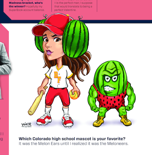 Cartoon: Meloneers vs Melon Ears (medium) by karlwimer tagged sports,cartoon,watermelon,softball,high,school,meloneers,mascots