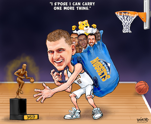 Cartoon: NBA Star MVP Carrier (medium) by karlwimer tagged nba,sports,basketball,nikola,joker,jokic,denver,nuggets,serbia,mvp,award,international