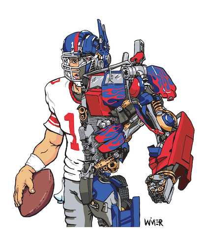 Cartoon: Optimus Eli Manning (medium) by karlwimer tagged new,york,giants,nfl,american,football,eli,manning,optimus,prime,transformers,cartoon,mashup