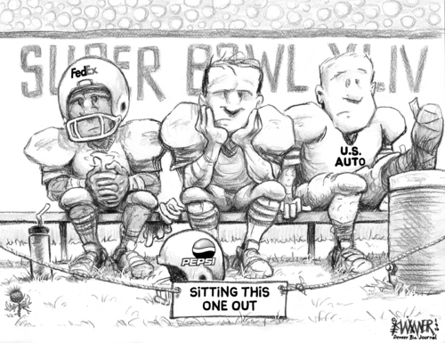 Cartoon: Sitting Out the Super Bowl (medium) by karlwimer tagged super,bowl,football,championship,us,pepsi,fedex,automobiles,cars,business,economics,advertising