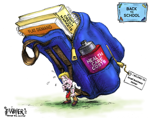 Cartoon: Small business backpack (medium) by karlwimer tagged business,backpack,usa,businessman,demand,economics,credit,healthcare,costs,school