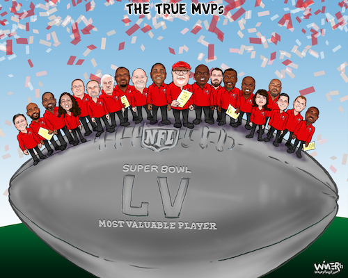 Cartoon: The True Super Bpwl MVPs (medium) by karlwimer tagged american,football,super,bowl,superbowl,nfl,tampa,bay,buccaneers,coach,arians,bowles,leftwich,sports,karl,wimer,championship