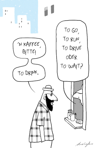 Cartoon: Coffee to drink (medium) by droigks tagged coffee,to,go,kaffee,urban,imbiss,laden,hipster,run,drive,wait,denglisch,coffee,to,go,kaffee,urban,imbiss,laden,hipster,run,drive,wait,denglisch