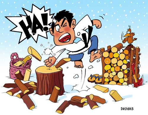Cartoon: Holzhacken - handmade (medium) by droigks tagged ofen,brennen,winter,schnee,brennholz,holzhacker,hacken,holz,droigk,droigks,sport,karateka,karate,handkante