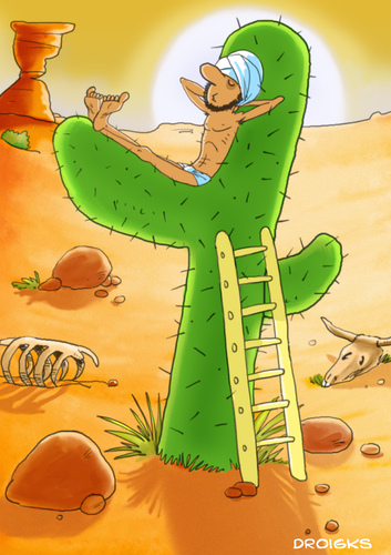 Cartoon: Kaktus-Fakir nimmts gelassen (medium) by droigks tagged droigks,leiter,wüste,kaktus,fakir,entspannt,gelassenheit,droigk,turban,fakir,kaktus,kakteen,wüste,schmerzen,schmerz,schlafen,schmerzlos