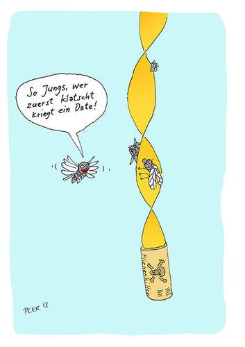 Cartoon: Klebrige Angelegenheit (medium) by darkplanet tagged fliege,fliegen,klebestreifen,falle,tod,mann,frau,anmache,flirt