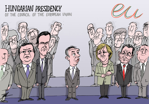 Cartoon: Hungarian Presidency (medium) by Ballner tagged eu,presidency,hungary,madia,law
