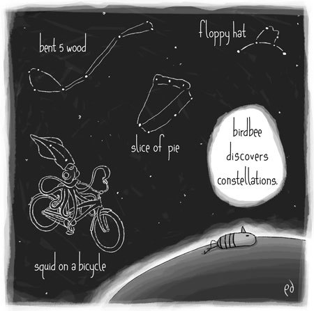 Cartoon: stars (medium) by birdbee tagged birdbee,stars,sky,night,constellations,squid,bicycle