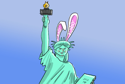 Cartoon: Bad Bunny (medium) by leopold maurer tagged super,bowl,showeinlage,bad,bunny,trump,verärgert,freiheitsstatue,alternativveranstaltung,maga,leopold,maurer,cartoon,karikatur,super,bowl,showeinlage,bad,bunny,trump,verärgert,freiheitsstatue,alternativveranstaltung,maga,leopold,maurer,cartoon,karikatur