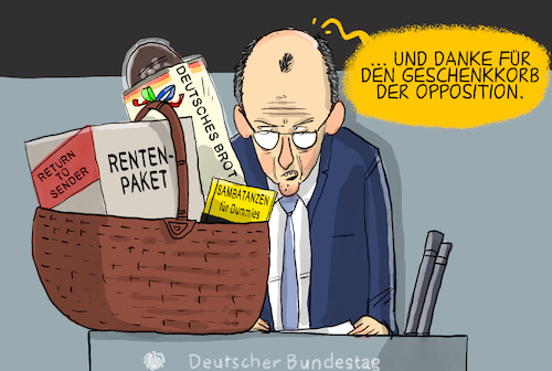 Cartoon: Generaldebatte (medium) by leopold maurer tagged merz,deutscher,bundestag,generaldebatte,cdu,csu,spd,koalition,opposition,grüne,afd,linke,geschenkkorb,tanzen,samba,brot,deutsch,rentenpaket,rente,leopold,maurer,cartoon,karikatur,merz,deutscher,bundestag,generaldebatte,cdu,csu,spd,koalition,opposition,grüne,afd,linke,geschenkkorb,tanzen,samba,brot,deutsch,rentenpaket,rente,leopold,maurer,cartoon,karikatur