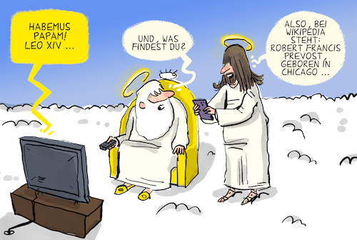 Cartoon: Habemus Papam (medium) by leopold maurer tagged papst,leo,xiv,vierzehn,chicago,wikipedia,himmel,gott,jesus,fernseher,robert,francis,prevost,peru,usa,konklave,kandidat,augustiner,leopold,maurer,karikatur,cartoon,papst,leo,xiv,vierzehn,chicago,wikipedia,himmel,gott,jesus,fernseher,robert,francis,prevost,peru,usa,konklave,kandidat,augustiner,leopold,maurer,karikatur,cartoon