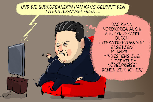 Cartoon: Literaturnobelpreis (medium) by leopold maurer tagged han,kang,literatur,nobelpreis,suedkorea,nordkorea,atomprogramm,kim,jong,un,frieden,schriftsteller,preis,diktator,diktatur,leopold,maurer,karikatur,cartoon,han,kang,literatur,nobelpreis,suedkorea,nordkorea,atomprogramm,kim,jong,un,frieden,schriftsteller,preis,diktator,diktatur,leopold,maurer,karikatur,cartoon