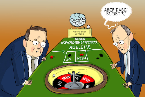 Cartoon: Neues Wehrdienstgesetz (medium) by leopold maurer tagged wehrdienst,gesetz,deutschland,neu,freiwillig,lotterie,roulette,pistorius,merz,koalition,gesetzesentwurf,streit,uneinigkeit,glücksspiel,leopold,maurer,cartoon,karikatur,wehrdienst,gesetz,deutschland,neu,freiwillig,lotterie,roulette,pistorius,merz,koalition,gesetzesentwurf,streit,uneinigkeit,glücksspiel,leopold,maurer,cartoon,karikatur