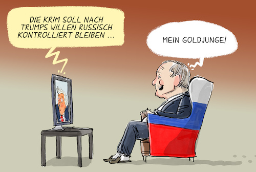 Cartoon: Putins Goldjunge (medium) by leopold maurer tagged trump,usa,ukraine,verhandlung,krim,voelkerrecht,widerrechtlich,imperialismus,angriff,putin,russland,goldjunge,helfer,krieg,frieden,praesident,autokratie,leopold,maurer,cartoon,karikatur,trump,usa,ukraine,verhandlung,krim,voelkerrecht,widerrechtlich,imperialismus,angriff,putin,russland,goldjunge,helfer,krieg,frieden,praesident,autokratie,leopold,maurer,cartoon,karikatur