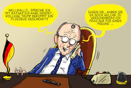 Cartoon: Trump Geschenk Katar (medium) by leopold maurer tagged katar,flugzeug,trump,geschenk,air,force,one,merz,anruf,deutschland,bundeskanzler,usa,präsident,leopold,maurer,karikatur,cartoon,katar,flugzeug,trump,geschenk,air,force,one,merz,anruf,deutschland,bundeskanzler,usa,präsident,leopold,maurer,karikatur,cartoon
