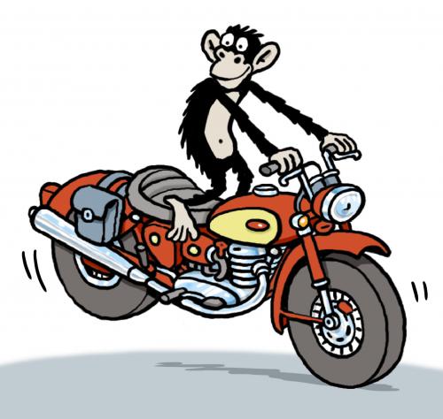 Cartoon: Chimpanzee on a motorbike (medium) by Ellis Nadler tagged chimpanzee,monkey,ape,ride,drive,motorbike,red,dangerous,circus,zoo,harley
