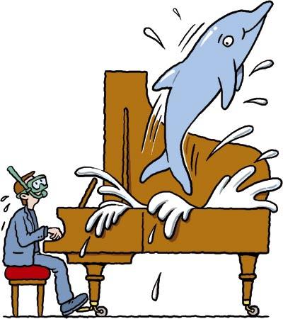Cartoon: Dolphin piano (medium) by Ellis Nadler tagged music,piano,jazz,grand,lid,splash,water,dolphin,jump,pianist,diver,snorkel,mask,stool,performance,concert