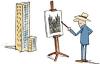 Cartoon: The Painter (small) by Ellis Nadler tagged painter artist architect architecture building modern gothic easel hat skyscraper aesthetics