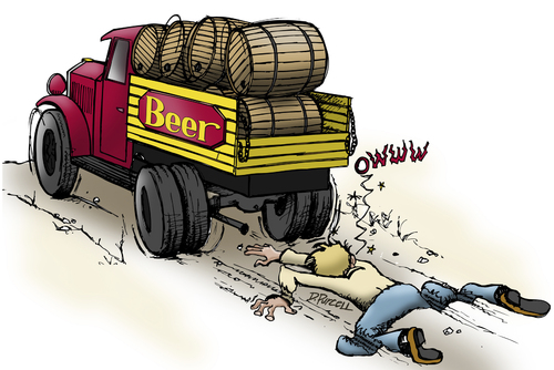 Cartoon: Beer Truck (medium) by toonerman tagged truck,beer,barrels,accident,hit,run,pedestrian,hurt,over,smashed,drunk,haul,load