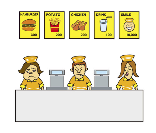 Cartoon: PRICE (medium) by joruju piroshiki tagged smile,price,first,food,shop,clerk,salesperson,attitude,smile,price,first,food,shop,clerk,salesperson,attitude