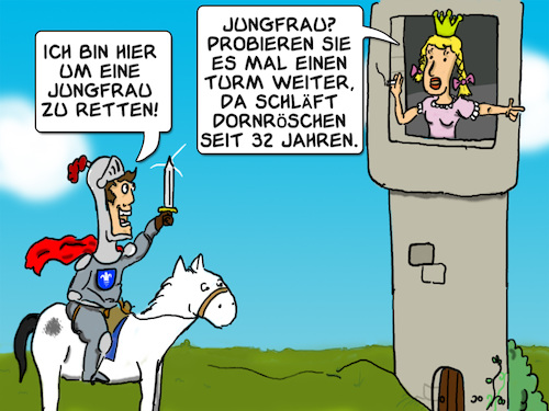 Cartoon: Helden haben es schwer (medium) by Grikewilli tagged märchen,prinzessin,ritter,turm,burg,feminismus,schloss,knappe,königin,könig,reiter,pferd,held,legende,saga,rapunzel,dornröschen,single,jungfrau,partnersuche,dating,date,mittelalter,jahrhundert