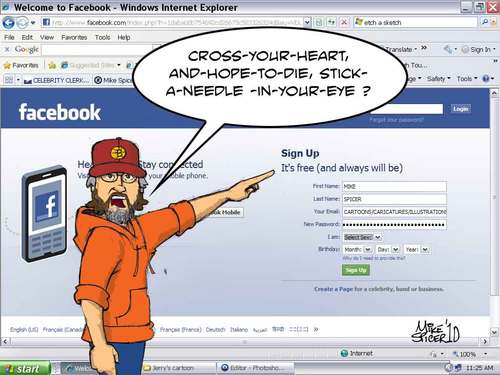 Cartoon: A Facebook promise (medium) by Mike Spicer tagged zuckerbook,cartoon,satire,humor