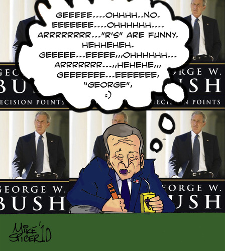 Cartoon: Bush book signing (medium) by Mike Spicer tagged mikespicer,cartoon,political,decisionpoits,bush,georgebush,book,crayon,humour,humor