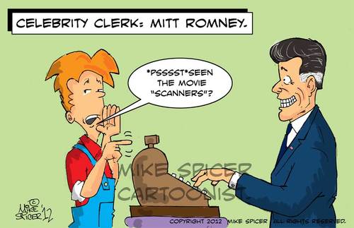 Cartoon: Celebrity Clerk  Mitt Romney (medium) by Mike Spicer tagged mitt,romney,us,politics,republicans,gop