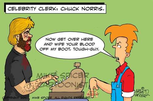 Cartoon: Celebrity Clerk Chuck Norris (medium) by Mike Spicer tagged chucknorris,roundhouse,kick,cartoons,celebrities