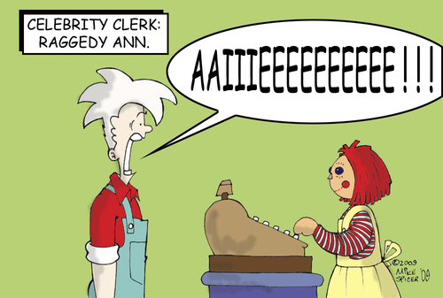 Cartoon: Celebrity Clerk Raggedy Anne (medium) by Mike Spicer tagged mike,spicer,cartoon,comic,raggedy,anne,humour,parody,satire,clerk,celebrity