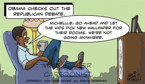 Cartoon: Checking the in-competiton (medium) by Mike Spicer tagged politicalhumour,barakobamacartoon,presidentobama,rickpery