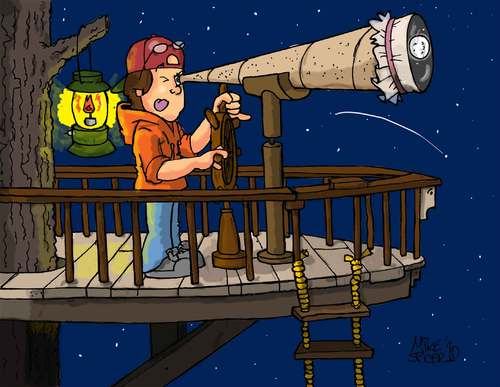 Cartoon: Lookin around. (medium) by Mike Spicer tagged mike,spicer,cartoon,cartoonist,telescope,night,stars,moon,child,boy,tree,boat,explore