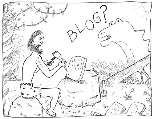 Cartoon: In the Bloginning (medium) by David_Bromley tagged blog,cave,man,dinosaur,chisel,communication