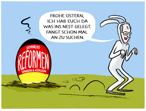 Cartoon: Das dicke Ei... (medium) by markus-grolik tagged deutschland,merz,regierung,reformen,sparen,kuerzen,einsparungen,rente,gesundheit,sondervermoegen,spd,cdu,csu,koalition,ostern,deutschland,merz,regierung,reformen,sparen,kuerzen,einsparungen,rente,gesundheit,sondervermoegen,spd,cdu,csu,koalition,ostern
