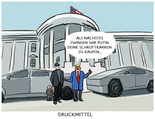 Cartoon: Deal... (medium) by markus-grolik tagged deal,tesla,trump,maga,cybertruck,wallstreet,börse,auto,krieg,ukraine,musk,russland,putin,deal,tesla,trump,maga,cybertruck,wallstreet,börse,auto,krieg,ukraine,musk,russland,putin