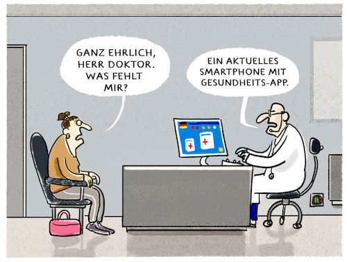 Cartoon: Diagnose... (medium) by markus-grolik tagged mobilgerät,mobilvertrag,gesundheit,gesundheitssystem,smartphone,app,doktor,diagnose,krankheit,patient,arzt,sprechstunde,digitalisierung,handy,mobilgerät,mobilvertrag,gesundheit,gesundheitssystem,smartphone,app,doktor,diagnose,krankheit,patient,arzt,sprechstunde,digitalisierung,handy