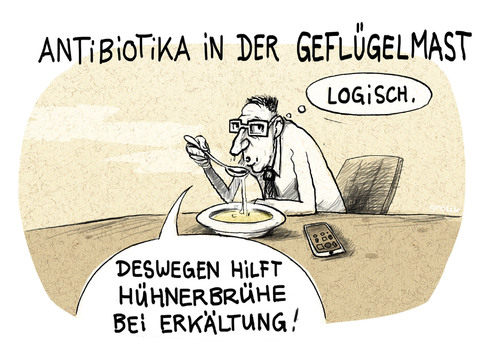 Cartoon: Hausmittel (medium) by markus-grolik tagged essen,antibiotika,antibiotikum,huhn,huehner,erkältung,krank,gesund,hausmittel,grolik,cartoon,winter,grippe,infekt,arzt,medizin,resistenz,resistent